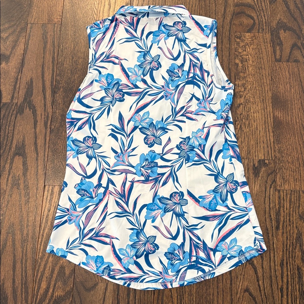 Golf Shirt Women’s Sleeveless Floral Zip Polo - Blue & Pink Floral on White XS - Picture 4 of 4